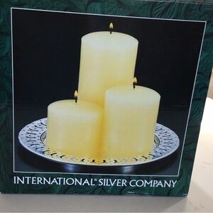 9” dia. Silverplated Pierced Tray/3 Ivory Vanilla Scented Candles